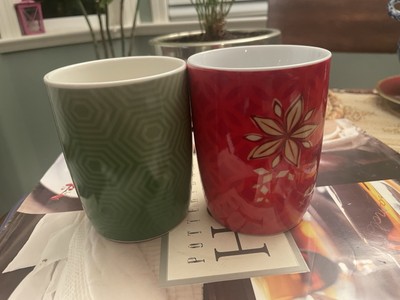 Starbucks Red 2013 Christmas Snowflakes & Teavana Green Hexagon Pattern Mugs