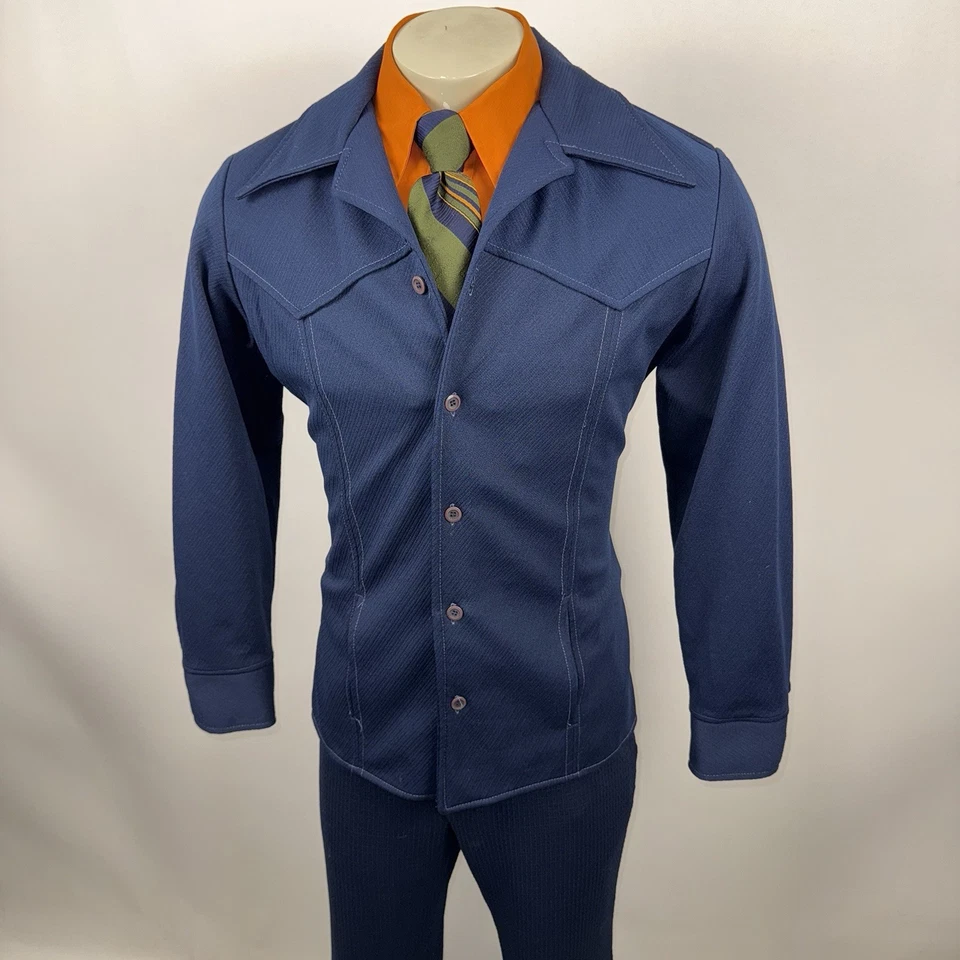 Vtg 60s 70s Leisure Suit Mens Medium Jacket Coat 35 29 Pants Bell Bottom Disco - Image 4 of 4