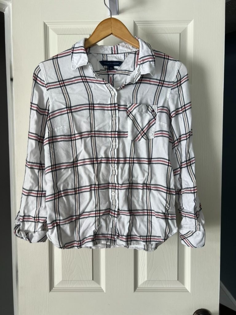 Tommy Hilfiger White Plaid Button Up Shirt Womens Medium Viscose Soft Flannel