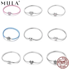 European 925 Sterling Silver Heart Stars Clasp Charm Bracelet for Women Jewelry