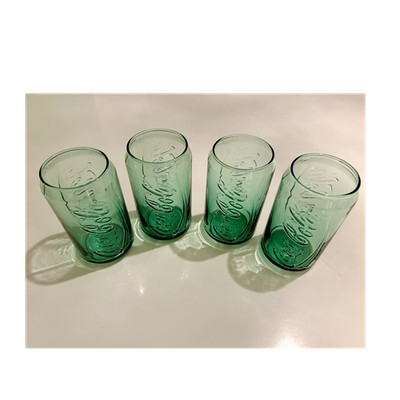 Coca-Cola 4 grüne Trinkgläser / Dosen Form mit Schriftzug Original Sammlerstück