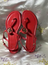 Tory Burch Sandals Dillan Red Patent Leather Gold Logo Thongs Flip Flop Shoe 9 M