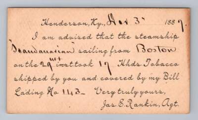henderson discount tobacco Rare Antique HENDERSON Kentucky Tobacco Advertising Cover Jas. E Rankin  1887