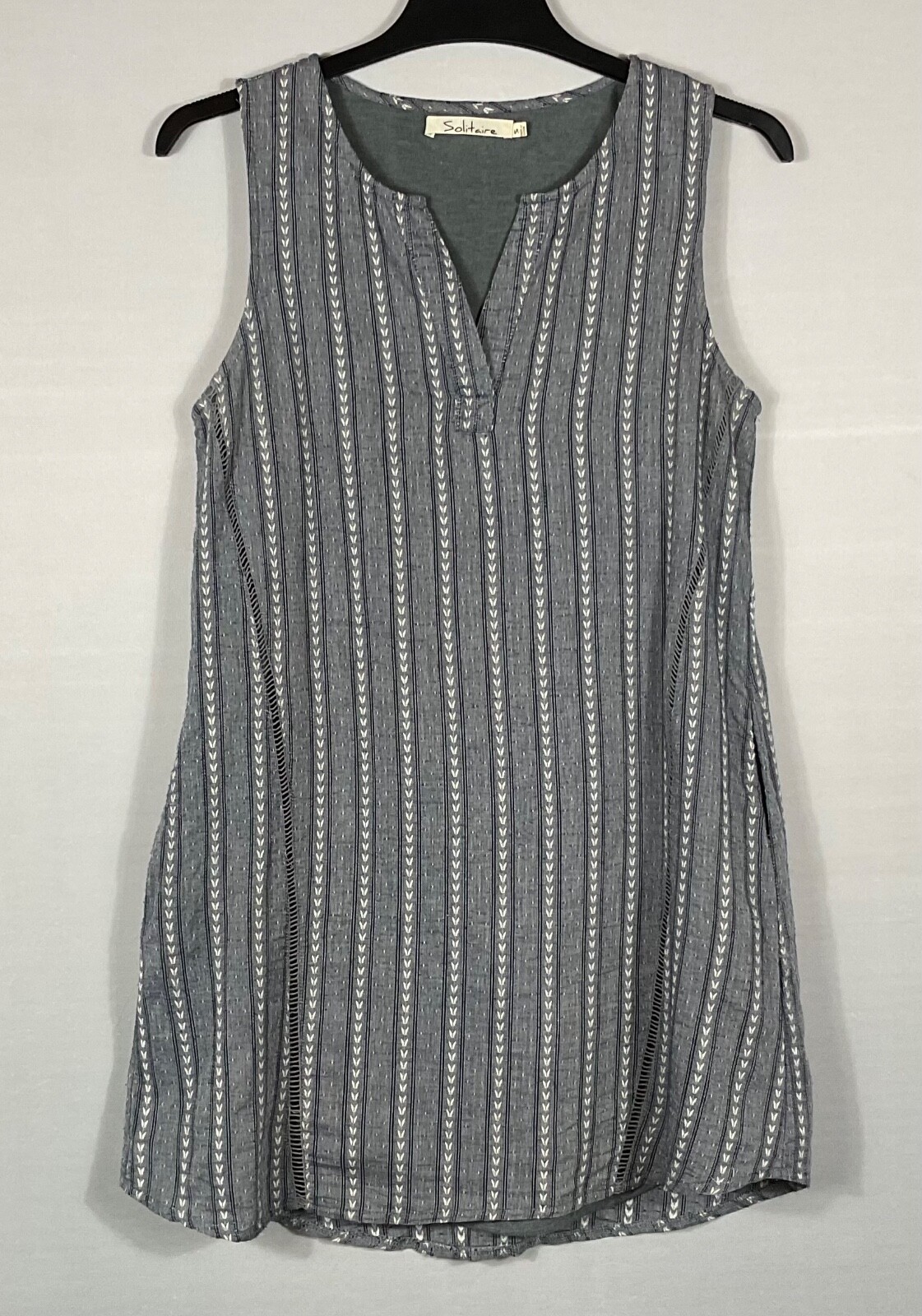 Solitaire Dress Womens Small Blue Striped Sleeveless V-Neck Lace Trim Lined Boho