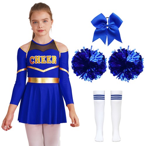Kids Girls Cheerleading Costume Long Sleeve Dancing Dress Cheer Uniform Outfits - Picture 12 of 53