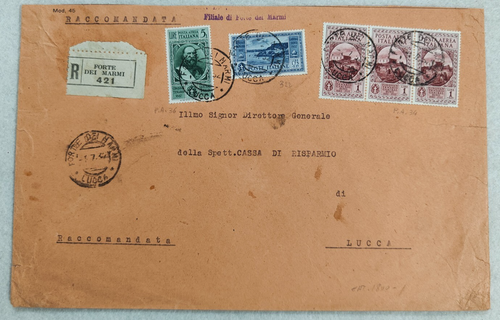 regno raccomandata garibaldi 5 lire 1,75 lire 1/7/1932 forte dei marmi lucca
