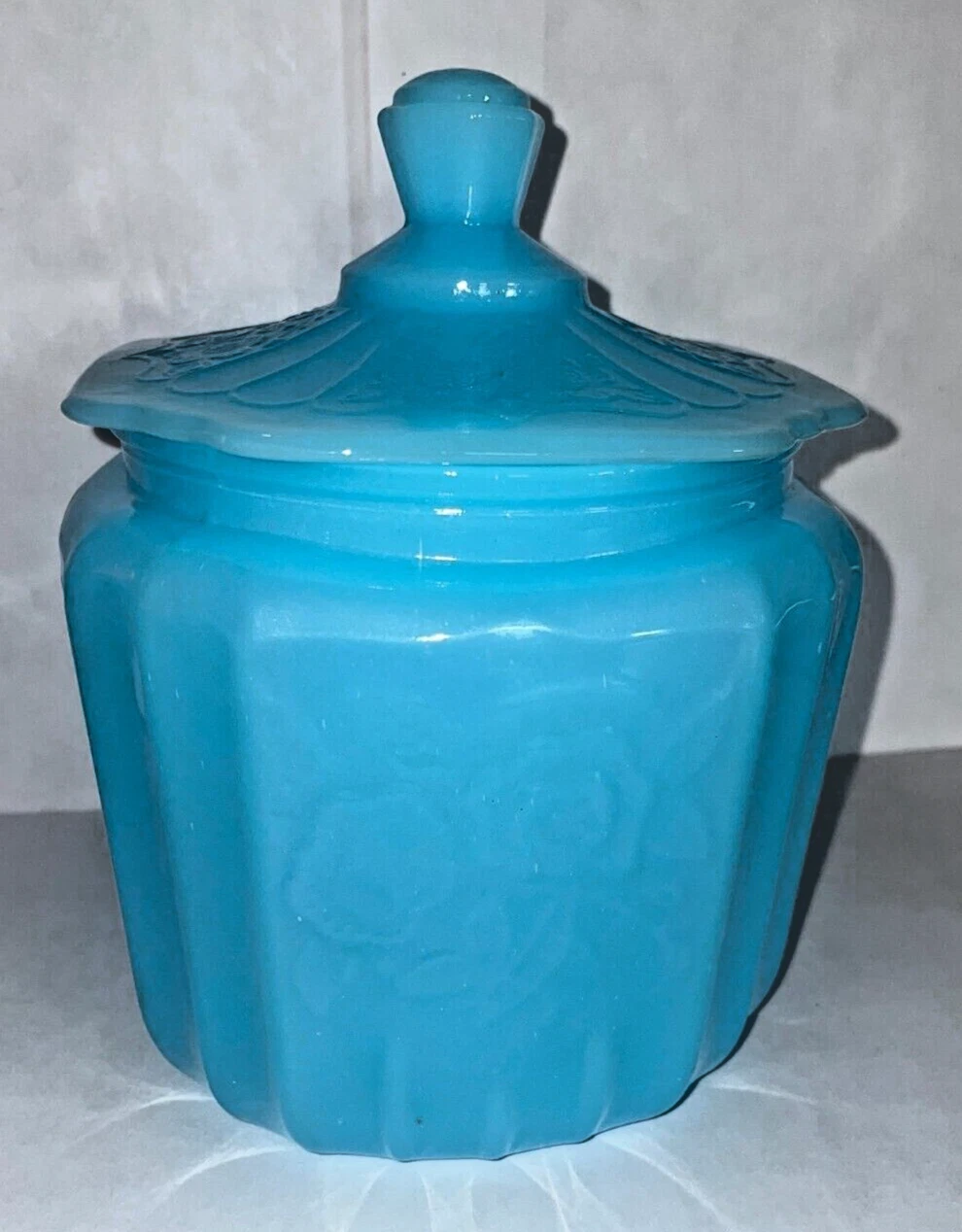 Vtg Baby Blue Depression Glass Cookie Jar Mayfield Rose Design 7 Inches Tall