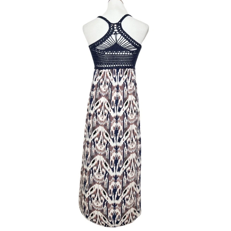 Vestido maxi Ella Moss azul marinho crochê Ikat aquarela boho longo bainha dividida XS - Imagem 4 de 4