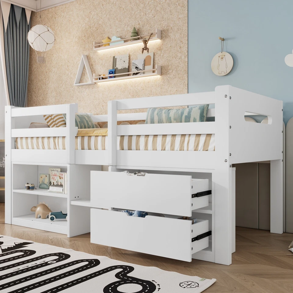MERAX Kids Children's Bed Cabin Bed Mid Sleeper with Drawers Storage Bed Frame White