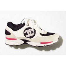 Chanel 22S Ivory Black Beige Red Mesh CC Logo Tie Flat Runner Trainer Sneaker 41
