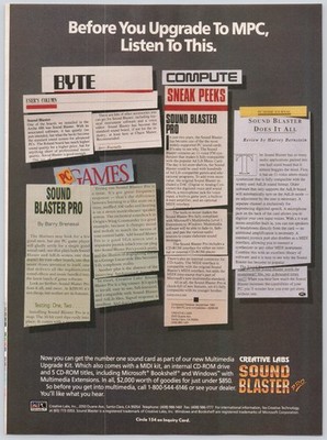 Creative Labs Sound Blaster Pro Vintage Print Ad 1992 Multimedia PC