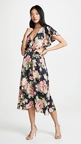 DIVINE HERITAGE Cutout Flutter Sleeve Midi Dress Floral in Onyx Black Small NEW
