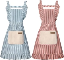 2 Striped Cotton Aprons with Pockets Kitchen Dinner Cooking Baking BBQ Women Men
