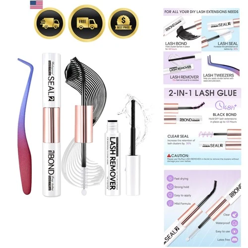 3 PCS Lash Kit Bond and Seal with Tweezers Remover Kit, DIY Eyelash Glue and ... - product listing photo
