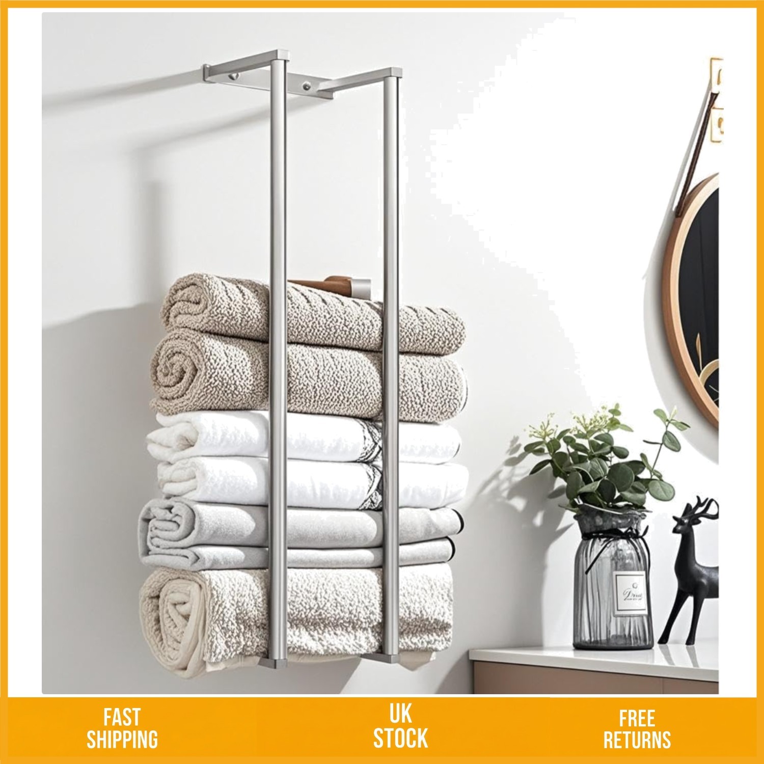 Sleek Stainless Steel Wall Mounted Towel Rack with Hooks for Bathroom Silver