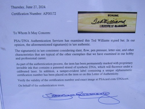 Bate firmado por Ted William Hillerich & Bradsby W215 Boston Red Sox PSA/DNA - Imagen 15 de 15