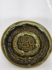 Large Vintage MCM Ashtray  USA Pottery Ceramic Brown Green Drop Glaze 10" 