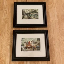 Vintage Georges B. Small Framed Prints (2) Watercolor Le Moulin Rouge Notre Dame