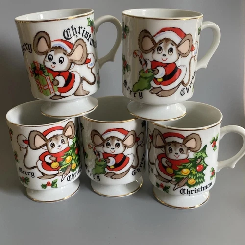 Set Of 5 Vintage Lefton Santa Claus Mouse Footed Cups Mugs Merry Christmas