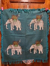 Vintage Blue Fabric Wall Tapestry Hanging Or Rug With Elephants 38 X 33