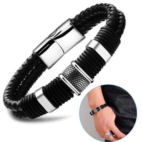 Bracelet homme en cuir acier inoxydable bracelet magnétique argent fermoir noir - Photo 1 sur 24