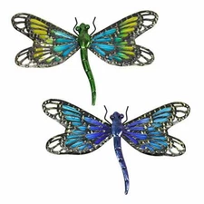 METAL DRAGONFLY Wall Hanging Decorations Glass Art Sculpture Set of 2 HONGLAND