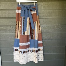 Vintage Skirt Maxi Patchwork Boho Bohemian Peasant Brown Blue Lace Renee Sm Med