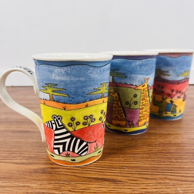 3 X Dunoon Mugs - Africa Rhino Giraffe Zebra Design - Scotland - Maggie Harland