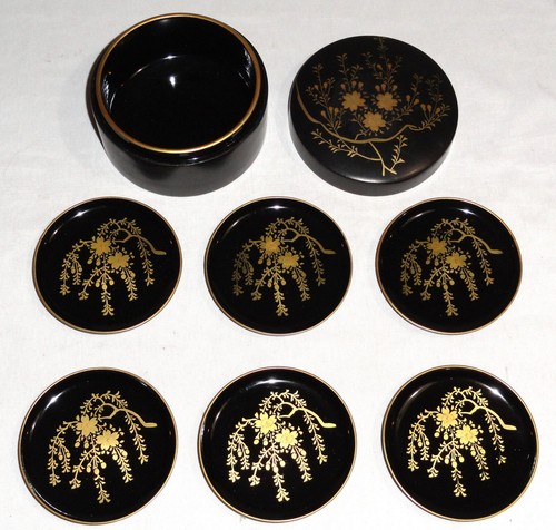 Zohiko Black Lacquer Ware Maki-e Cherry Blossom Sweets Plates Mamezara Set Caddy