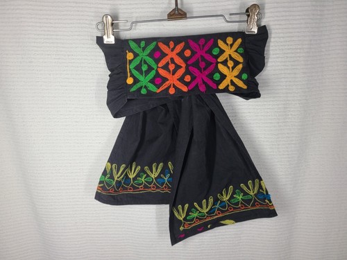 Vtg 50s Pinup Waist Belt Black Cotton Tie Fuzzy Chainstitch Unique Rare O/S - Picture 7 of 11