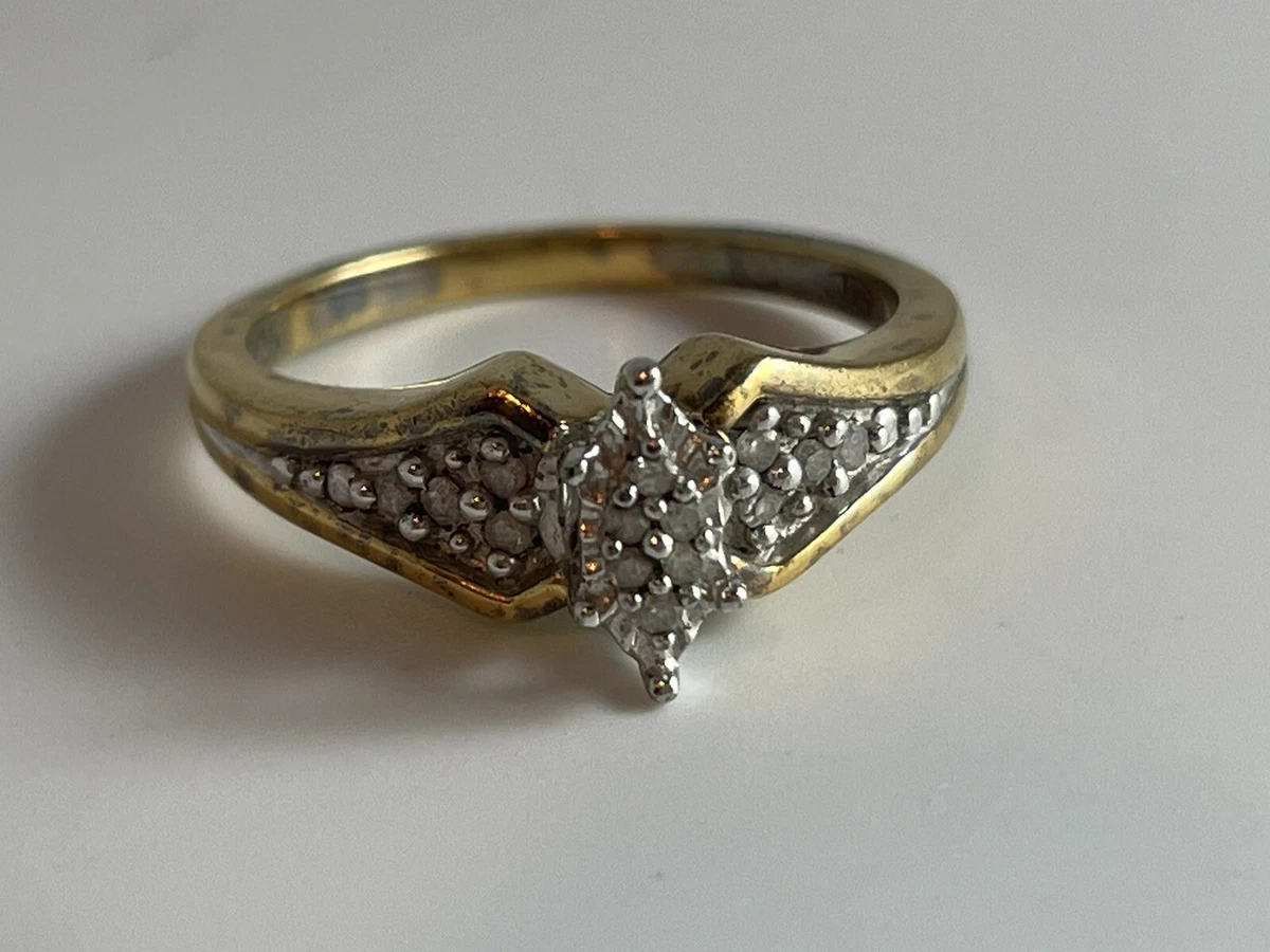 Sterling Silver Gold Vermeil Ring W 14 Small Diamonds Size 6.5