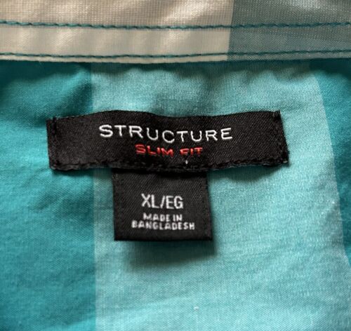Men's Structure Aqua And White Plaid Short Sleeve Slim Fit Shirt Size XL - Picture 3 of 9