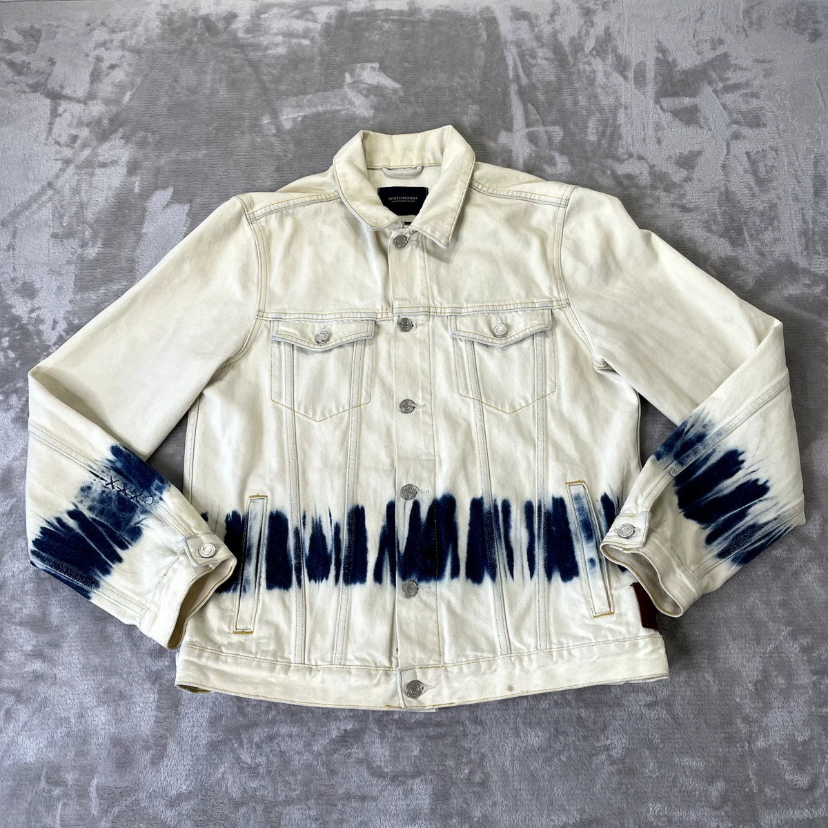 Scotch Soda Denim Organic Cotton Trucker Jacket in Tie Dye Sand Men Large 248