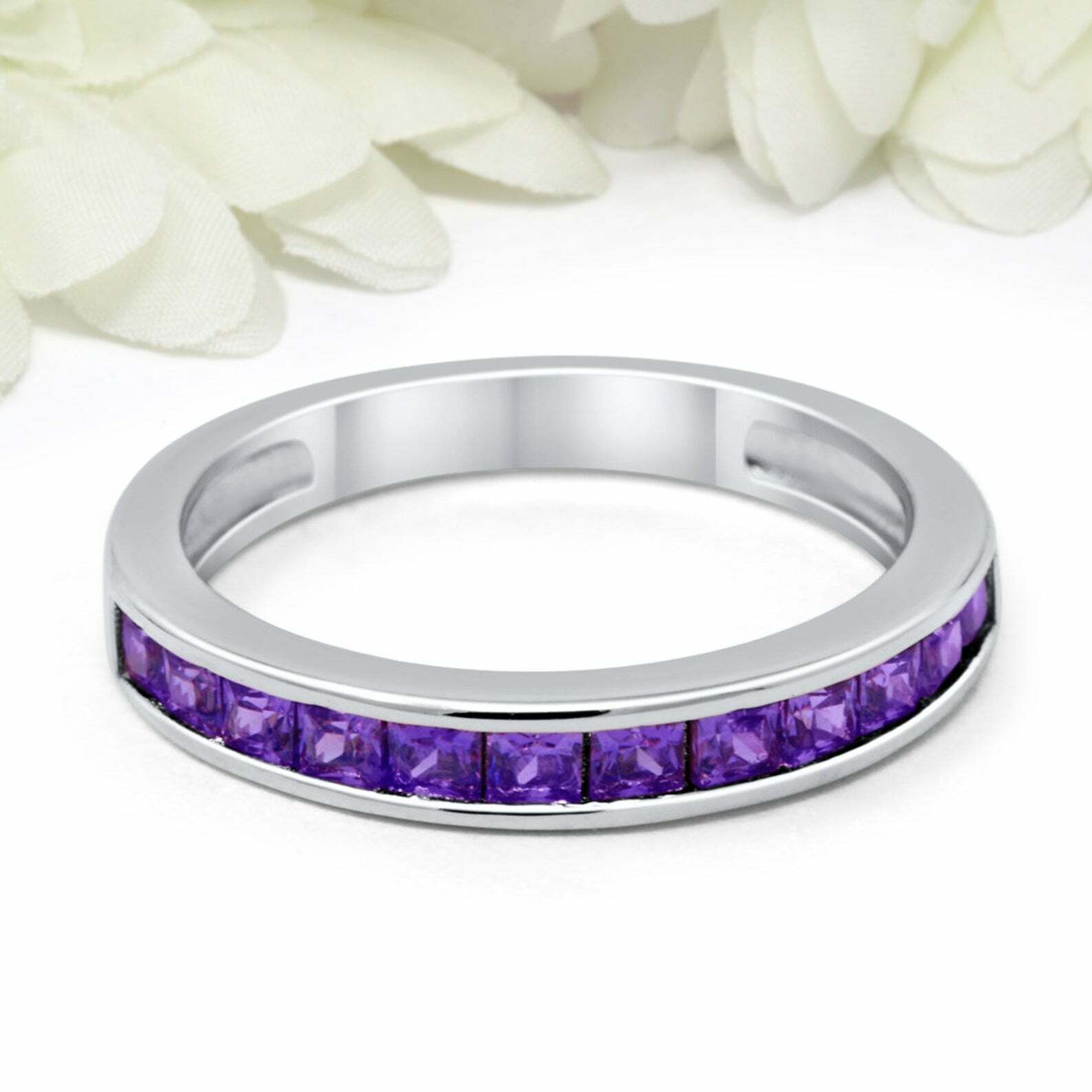 Princess Amethyst Band Ring Channel Set Half Eternity 925 Sterling Silver