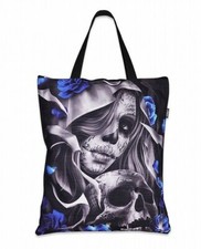 Liquor Brand Los Muertos Tote Bag Sugar Skull Day of the Dead Girl Blue Roses
