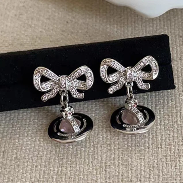 Pre-owned Vivienne Westwood Earrings Silver Pink Orb Bow Ribbon Dangle Drop - Image 3 of 4