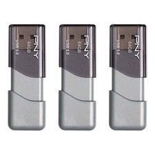 PNY 64GB Turbo Attach  3 USB 3.0 Flash Drive,Grey Pack of 3 