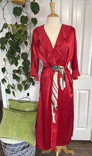 Vintage LA Intimates Red Satin Wrap Robe Ruffle Trim Boudoir Loungewear Medium