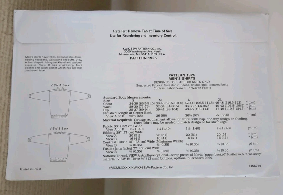 Kwik Sew 1925 Mens Sweatshirt Casual Collar S M L XL Sewing Pattern UNCUT SEALED - Image 2 of 3