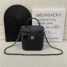 Auth Chanel Vanity Case Mini Black Caviar Quilted Leather Top Handle Chain Bag