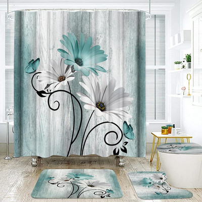 4PCS Teal Daisy Shower Curtain Set, Shower Curtain, Carpet and Accessories