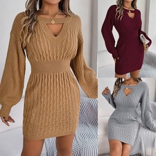 Solid Color Twist Hollow-out Lantern Sleeve Package Hip Sweater Dress #@