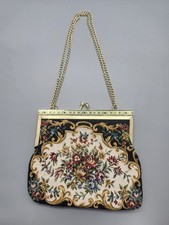 Vintage Floral Tapestry Purse Evening Bag Gold Frame Chain Handle Black Back...