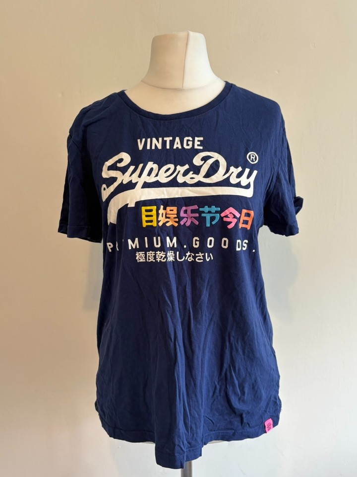 Superdry Top Women's UK 16 Blue Slogan Short Sleeve Round Neck T-Shirt Summer