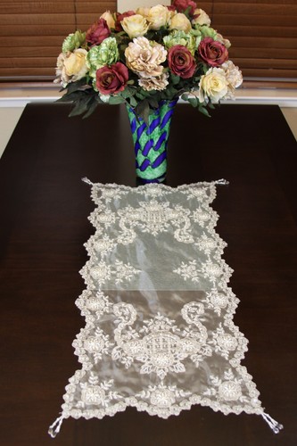 White Handmade Beaded Pearl Sheer Victorian Wedding Decor Table Runner Placemats - Picture 2 of 11