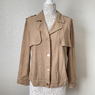 Chicos Short Trench Jacket with Snap Buttons Tan Metallic Perforated Faux Suede