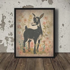 Vintage GOAT FLOWER Wall Art, Botanical Farm Animal Decor, Retro Nature Floral