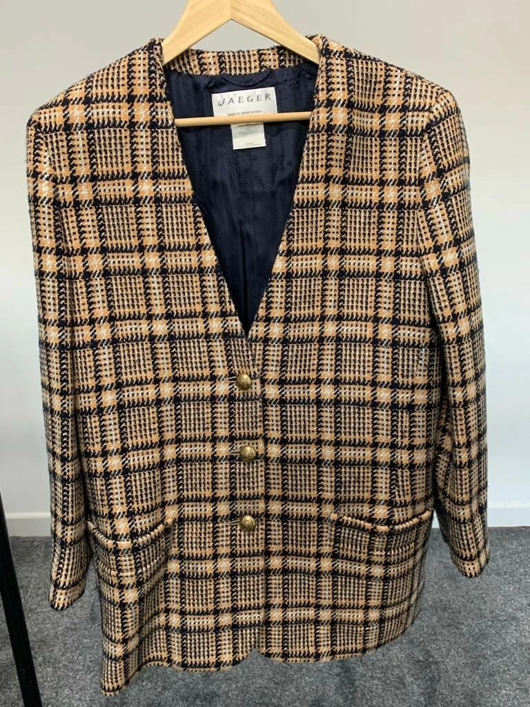 Jaeger Orange Black Check Plaid Tweed Wool Blend Jacket UK 12