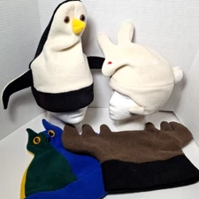 Plush Animal Winter Hat Caps Lot Penguin Bunny Cat Moose Bundle Lot of 4