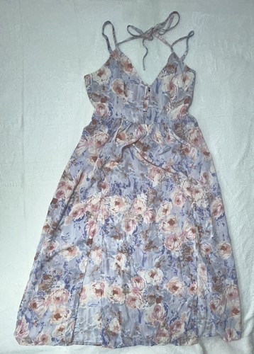 Lavender Pink Floral w Cutout Midi flowy summerDress dual front leg slits L